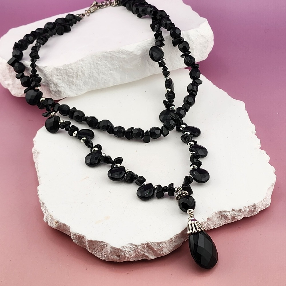 Black Faceted Bead Teardrop Pendant Necklace Multi Strand Gothic Boho Statement